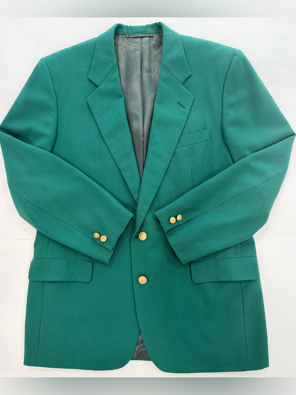 VNTG HICKEY FREEMAN Boardroom Green Wool Poly Gold Button Golf Blazer (42R)